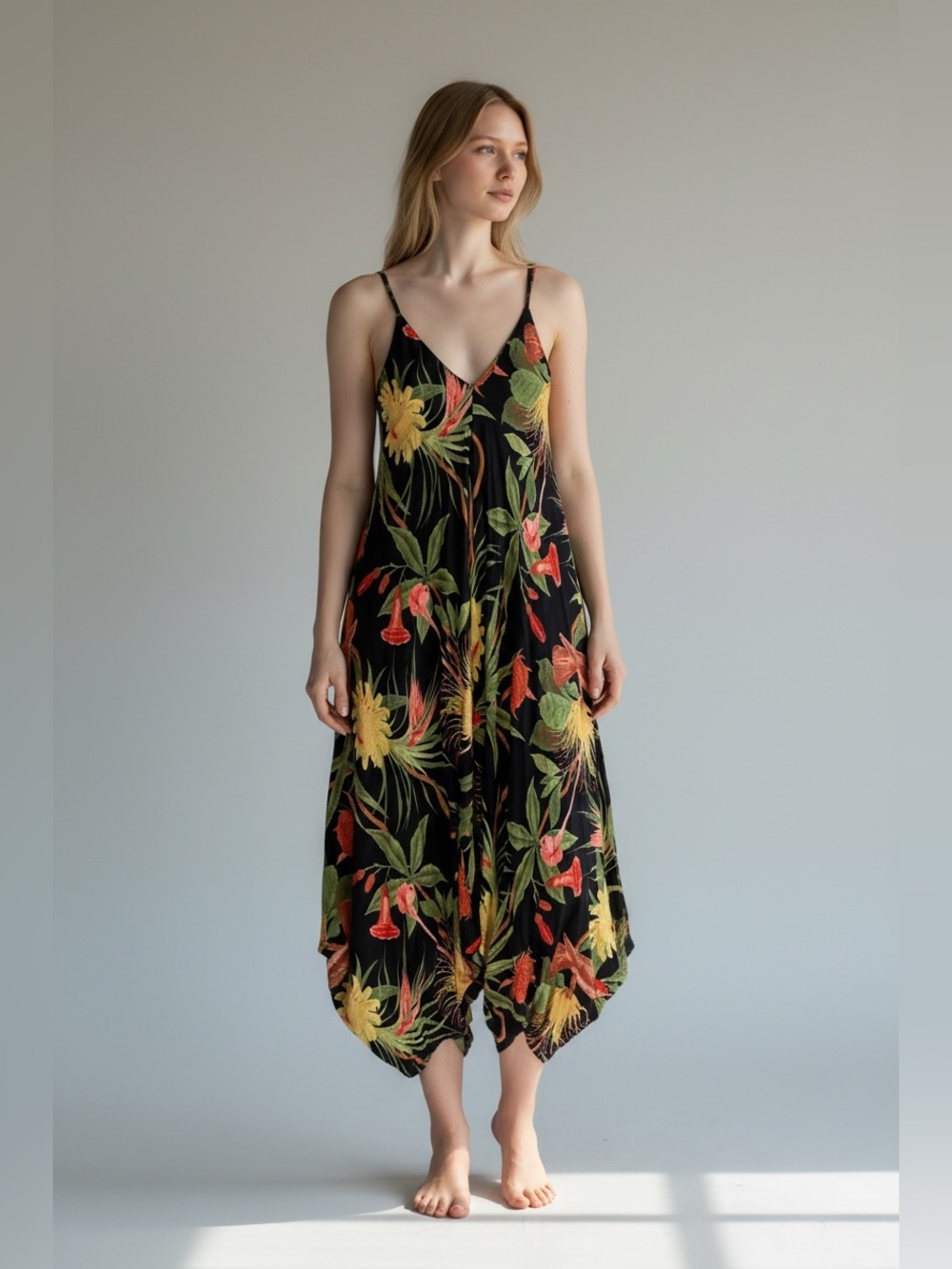World Market Boho Black Tropical Print Jumpsuit with Yellow & Green Accents